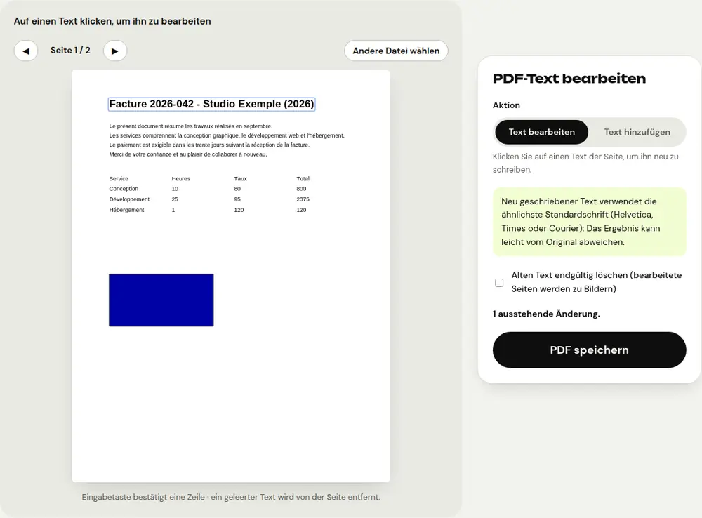 Screenshot des PDFRoll-Tools „PDF-Text bearbeiten“ mit einem Beispieldokument