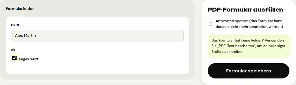 Screenshot des PDFRoll-Tools „PDF-Formular ausfüllen“ mit einem Beispieldokument