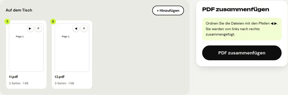 Screenshot des PDFRoll-Tools „PDF zusammenfügen“ mit einem Beispieldokument