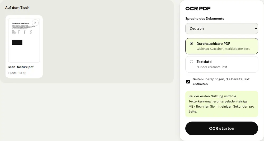 Screenshot des PDFRoll-Tools „OCR PDF“ mit einem Beispieldokument