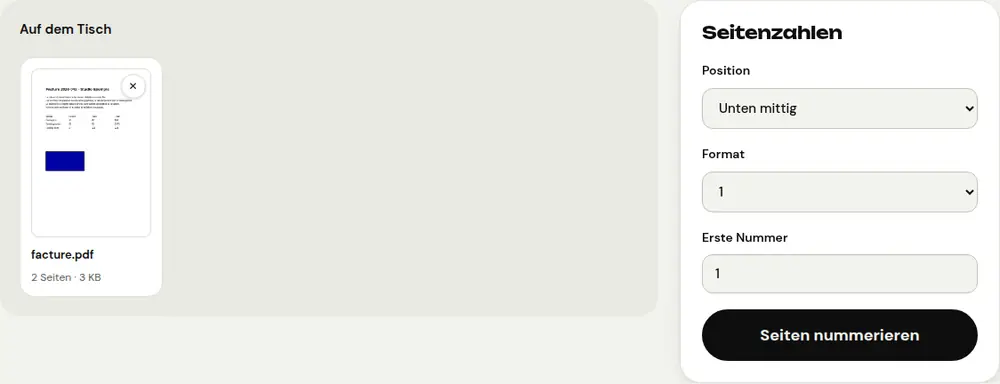 Screenshot des PDFRoll-Tools „Seitenzahlen“ mit einem Beispieldokument