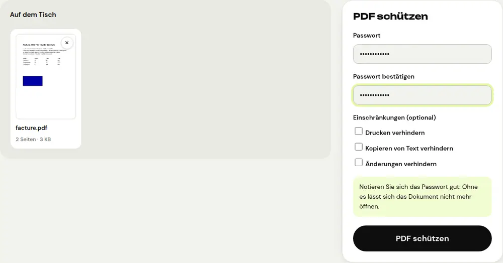 Screenshot des PDFRoll-Tools „PDF schützen“ mit einem Beispieldokument