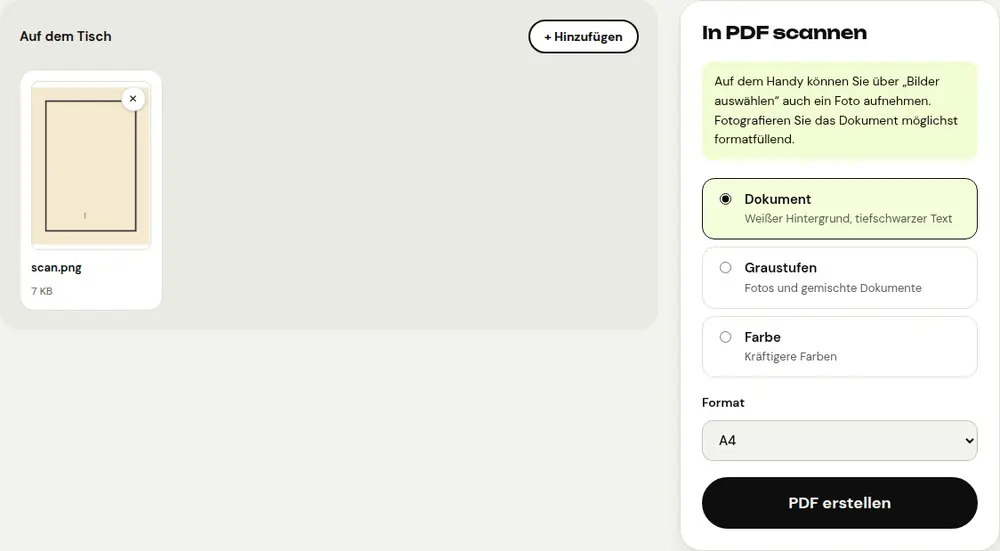 Screenshot des PDFRoll-Tools „In PDF scannen“ mit einem Beispieldokument