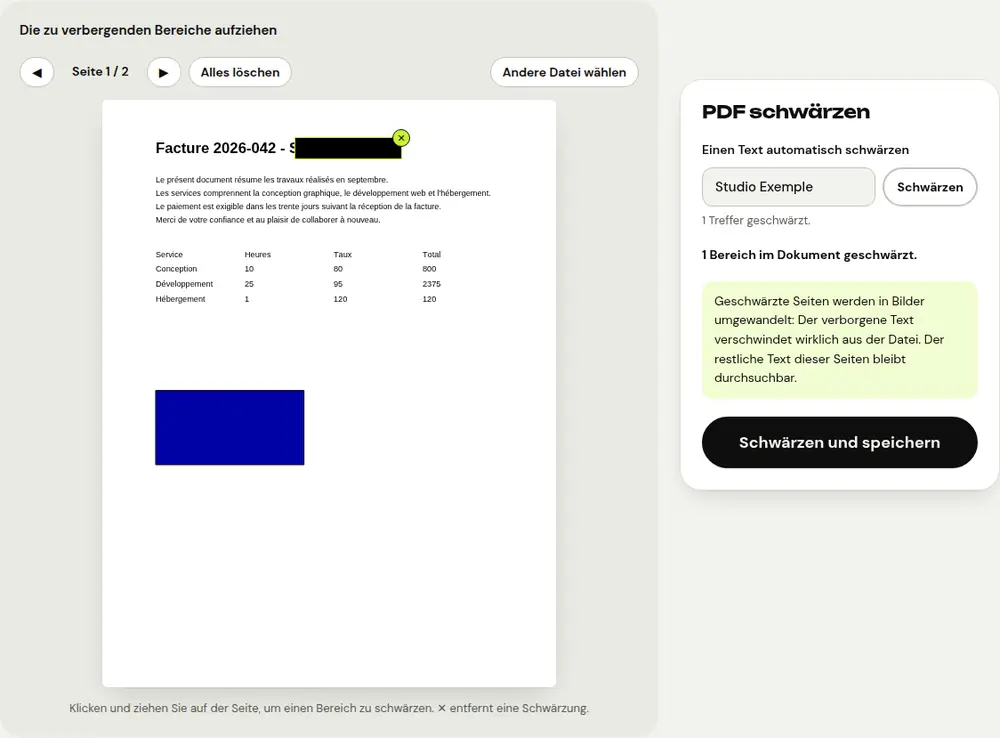 Screenshot des PDFRoll-Tools „PDF schwärzen“ mit einem Beispieldokument