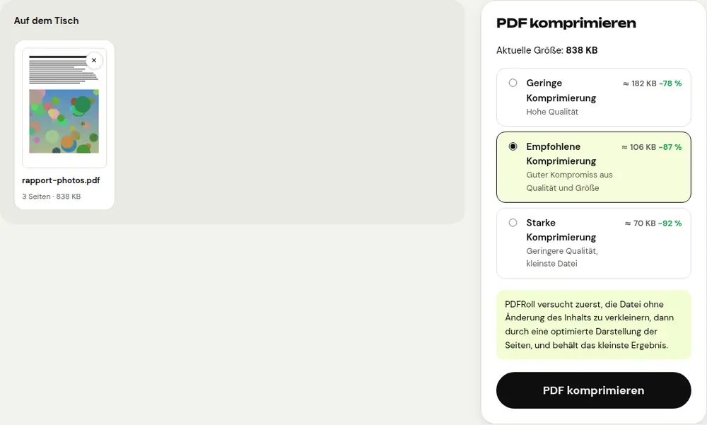 Screenshot des PDFRoll-Tools „PDF komprimieren“ mit einem Beispieldokument