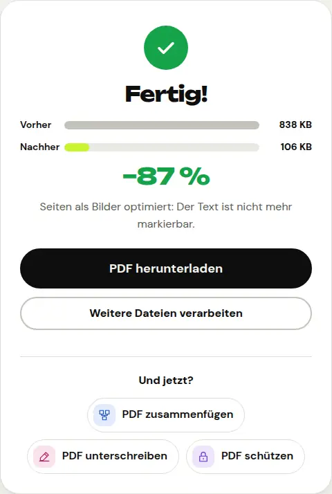 Ergebnis des Tools „PDF komprimieren“: Größe vorher und nachher