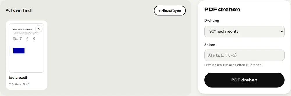 Screenshot des PDFRoll-Tools „PDF drehen“ mit einem Beispieldokument