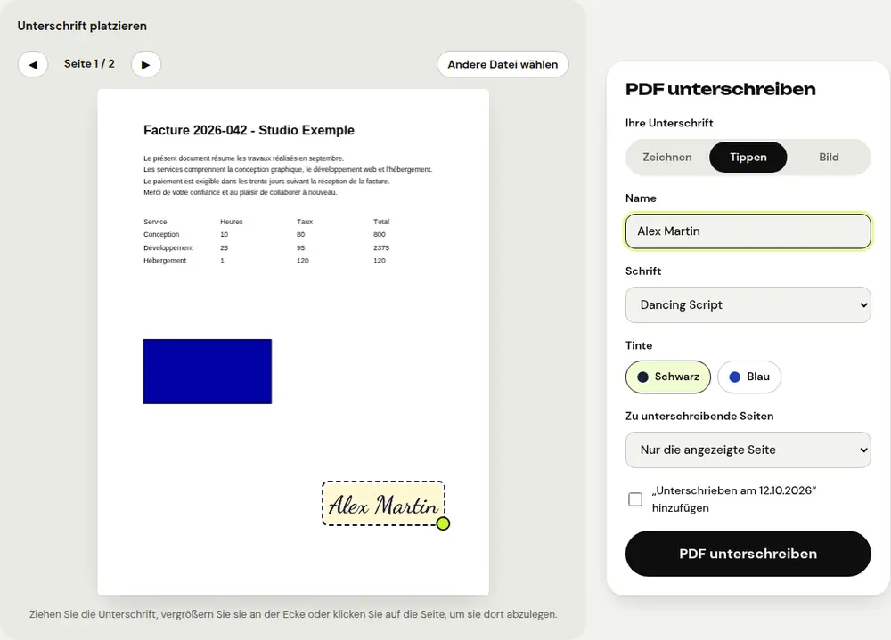 Screenshot des PDFRoll-Tools „PDF unterschreiben“ mit einem Beispieldokument