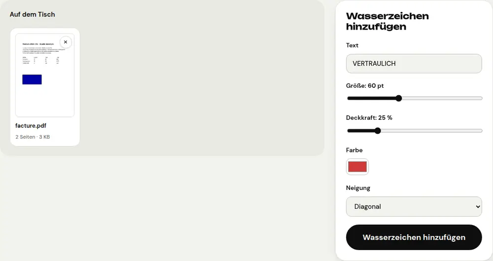 Screenshot des PDFRoll-Tools „Wasserzeichen hinzufügen“ mit einem Beispieldokument