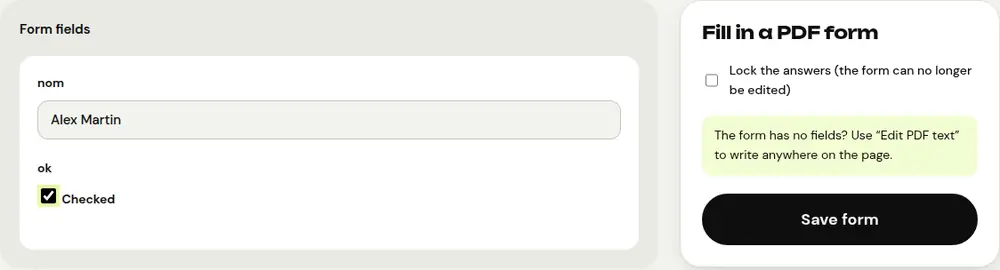 Screenshot of the PDFRoll “Fill in a PDF form” tool with a sample document