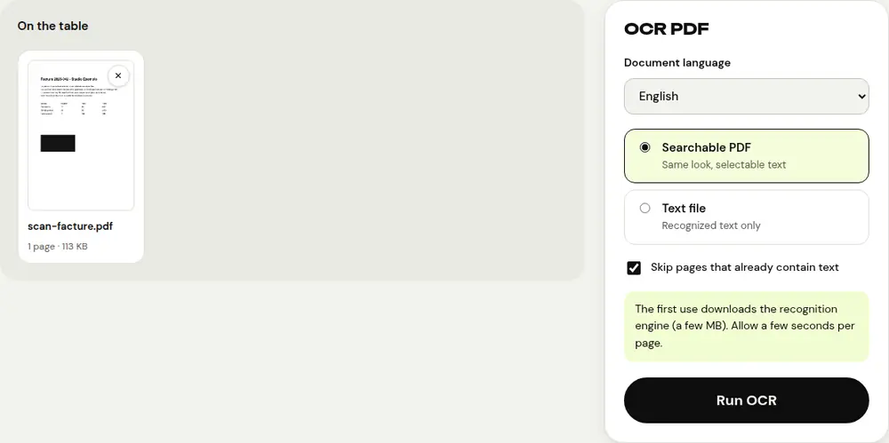Screenshot of the PDFRoll “OCR PDF” tool with a sample document