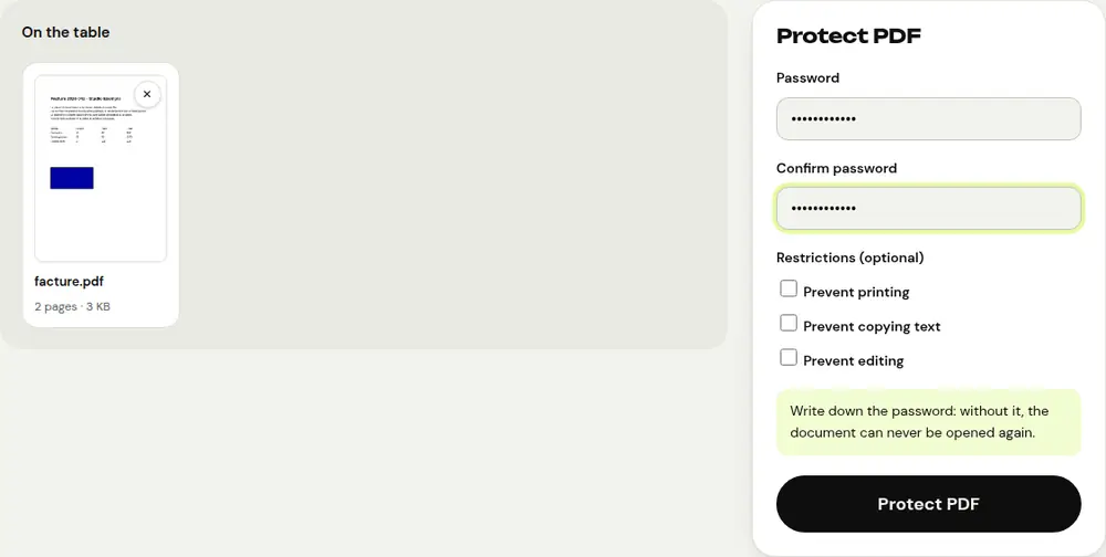 Screenshot of the PDFRoll “Protect PDF” tool with a sample document