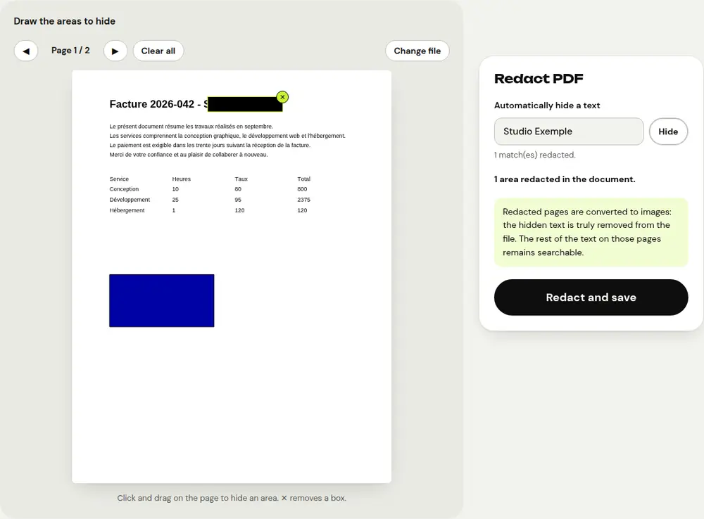 Screenshot of the PDFRoll “Redact PDF” tool with a sample document