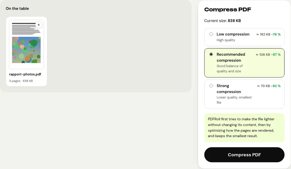 Screenshot of the PDFRoll “Compress PDF” tool with a sample document