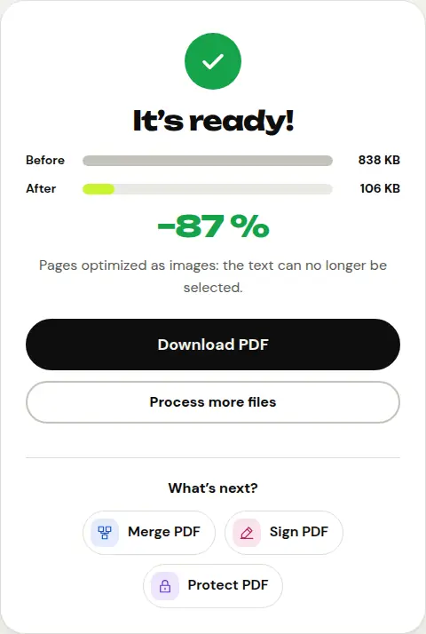 Result of the “Compress PDF” tool: size before and after