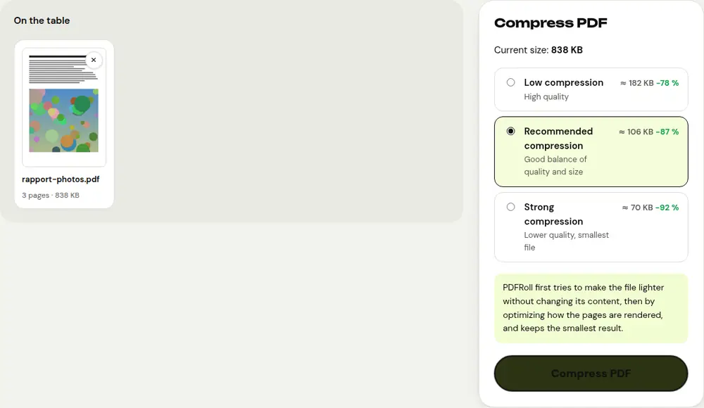 Screenshot of the PDFRoll “Compress PDF” tool with a sample document