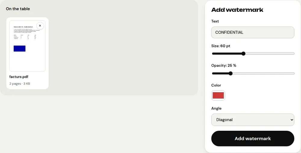 Screenshot of the PDFRoll “Add watermark” tool with a sample document