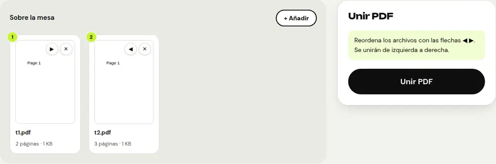 Captura de pantalla de la herramienta «Unir PDF» de PDFRoll con un documento de ejemplo