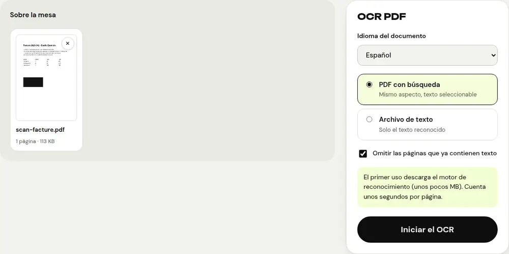 Captura de pantalla de la herramienta «OCR PDF» de PDFRoll con un documento de ejemplo