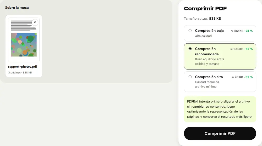 Captura de pantalla de la herramienta «Comprimir PDF» de PDFRoll con un documento de ejemplo