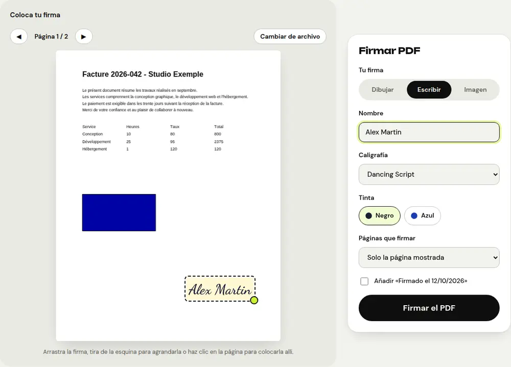 Captura de pantalla de la herramienta «Firmar PDF» de PDFRoll con un documento de ejemplo