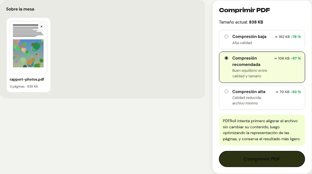 Captura de pantalla de la herramienta «Comprimir PDF» de PDFRoll con un documento de ejemplo