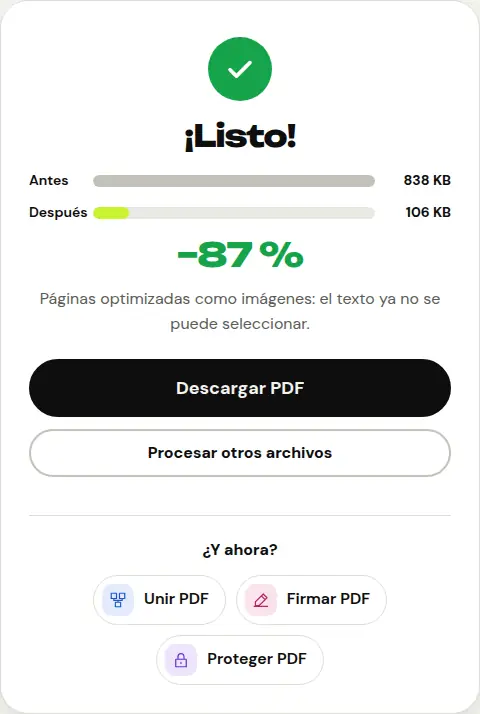 Resultado de la herramienta «Comprimir PDF»: tamaño antes y después