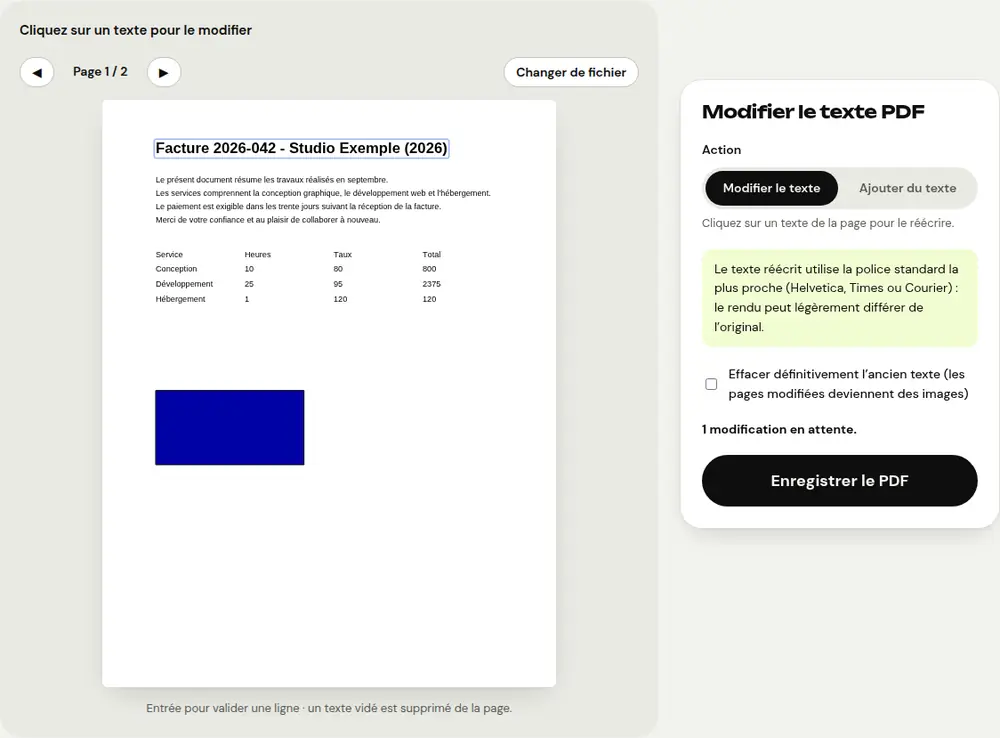 Capture d’écran de l’outil « Modifier le texte PDF » de PDFRoll, avec un document d’exemple
