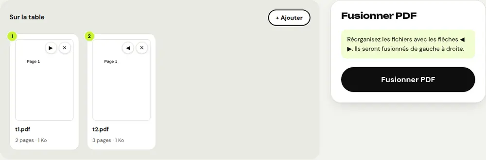Capture d’écran de l’outil « Fusionner PDF » de PDFRoll, avec un document d’exemple