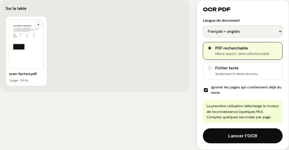 Capture d’écran de l’outil « OCR PDF » de PDFRoll, avec un document d’exemple