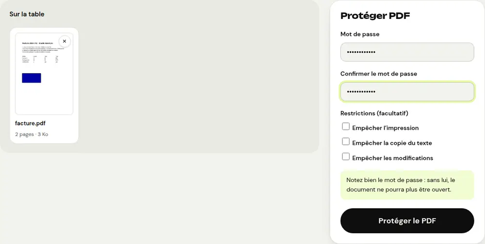 Capture d’écran de l’outil « Protéger PDF » de PDFRoll, avec un document d’exemple