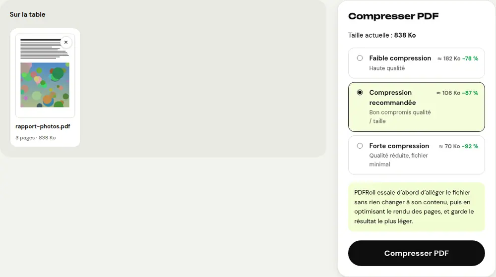 Capture d’écran de l’outil « Compresser PDF » de PDFRoll, avec un document d’exemple