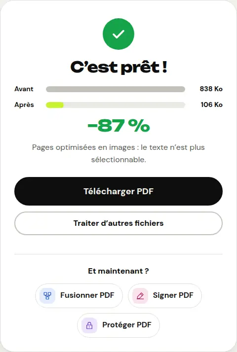Résultat de l’outil « Compresser PDF » : taille avant et après
