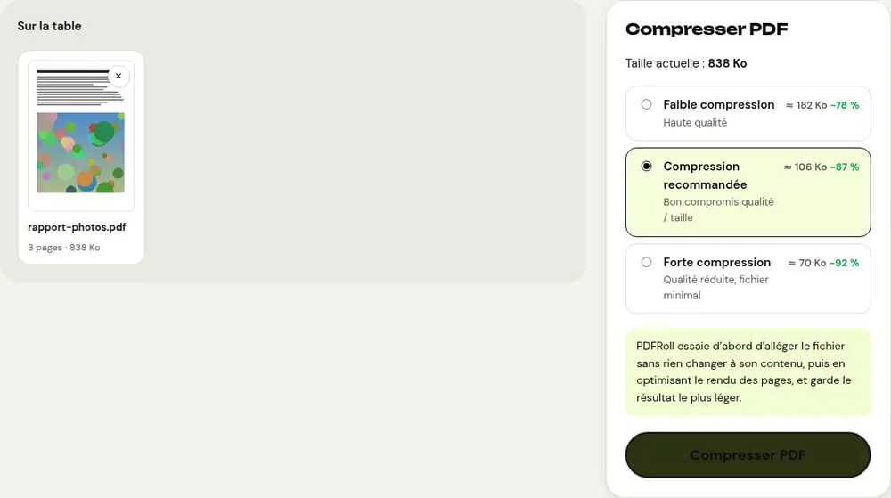 Capture d’écran de l’outil « Compresser PDF » de PDFRoll, avec un document d’exemple