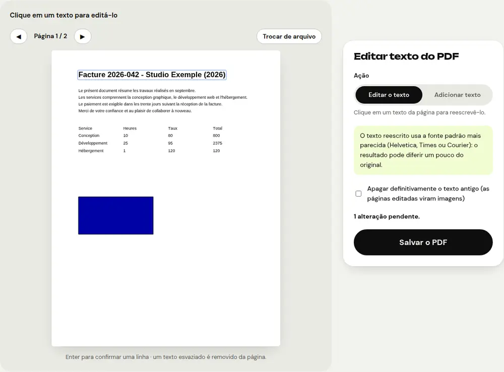 Captura de tela da ferramenta “Editar texto do PDF” do PDFRoll com um documento de exemplo