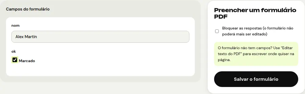 Captura de tela da ferramenta “Preencher um formulário PDF” do PDFRoll com um documento de exemplo