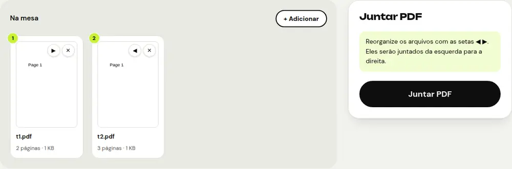 Captura de tela da ferramenta “Juntar PDF” do PDFRoll com um documento de exemplo