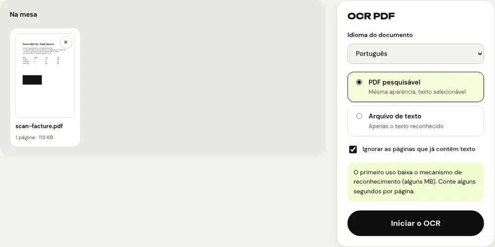 Captura de tela da ferramenta “OCR PDF” do PDFRoll com um documento de exemplo