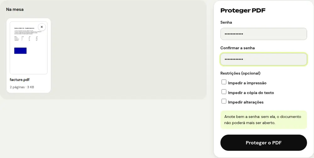 Captura de tela da ferramenta “Proteger PDF” do PDFRoll com um documento de exemplo