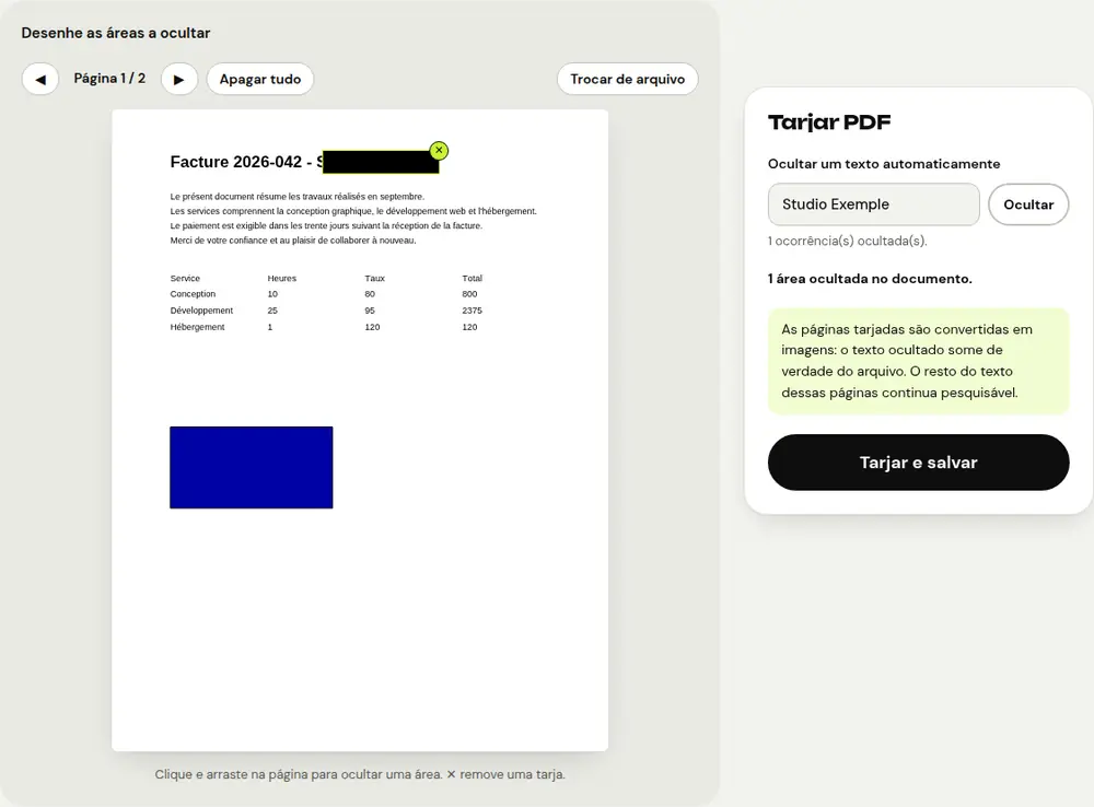 Captura de tela da ferramenta “Tarjar PDF” do PDFRoll com um documento de exemplo