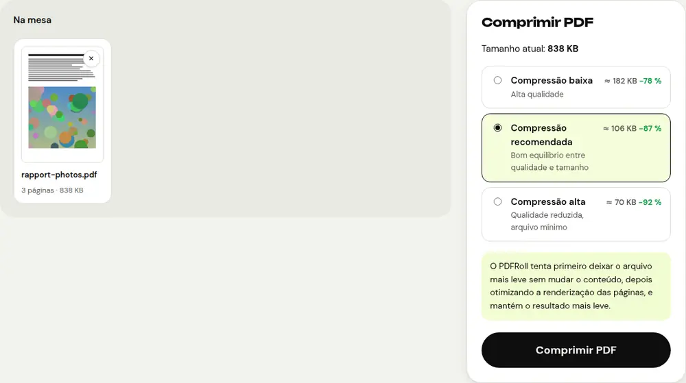 Captura de tela da ferramenta “Comprimir PDF” do PDFRoll com um documento de exemplo