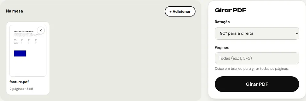 Captura de tela da ferramenta “Girar PDF” do PDFRoll com um documento de exemplo