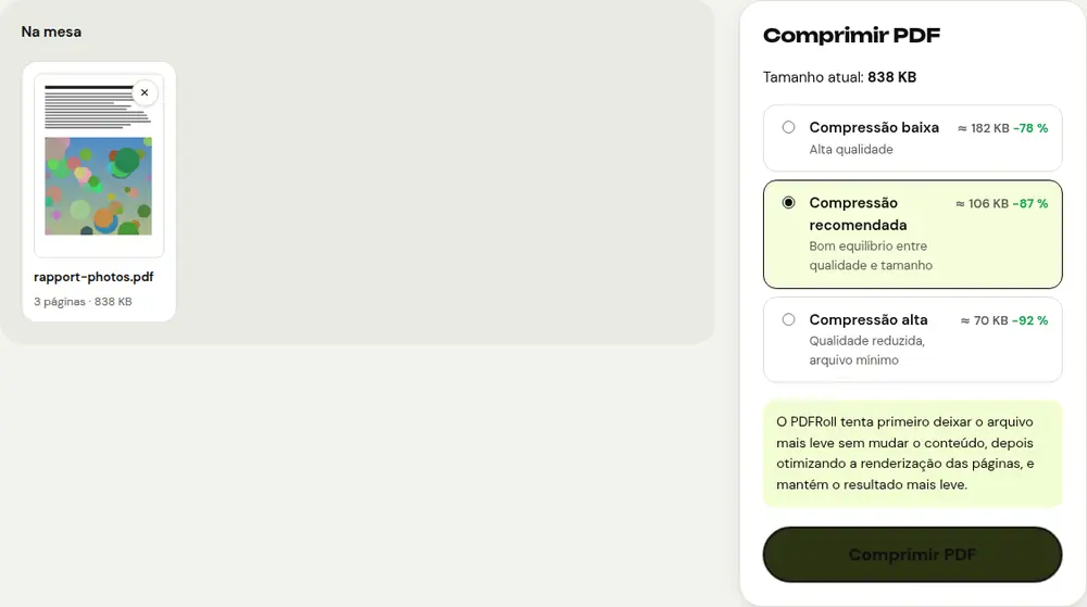Captura de tela da ferramenta “Comprimir PDF” do PDFRoll com um documento de exemplo