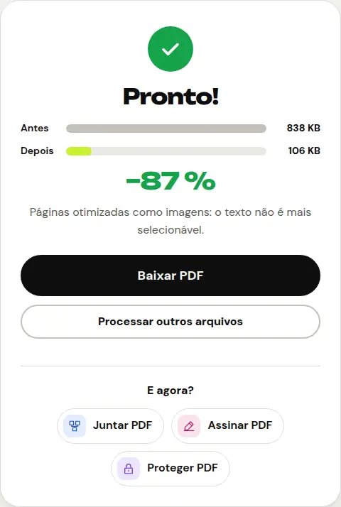 Resultado da ferramenta “Comprimir PDF”: tamanho antes e depois