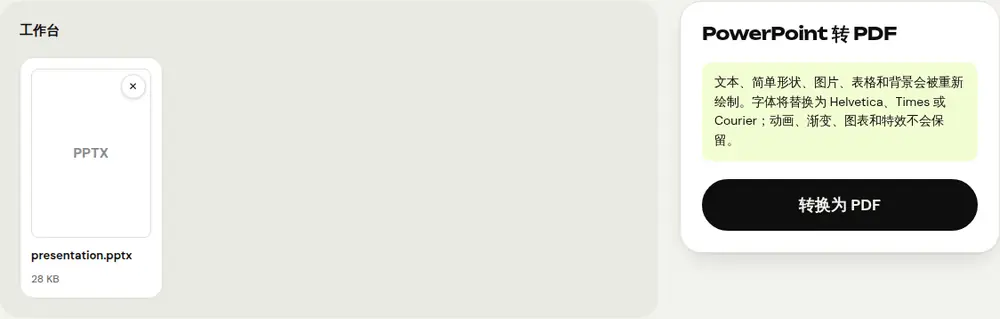 PDFRoll“PowerPoint 转 PDF”工具截图(示例文档)