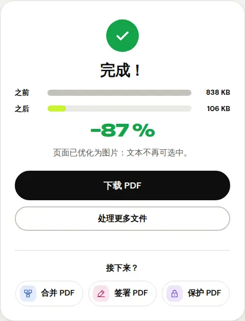 “压缩 PDF”工具的结果:处理前后的文件大小